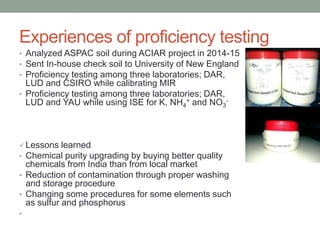 Experiences of proficiency testing
• Analyzed ASPAC soil during ACIAR project in 2014-15
• Sent In-house check soil to University of New England
• Proficiency testing among three laboratories; DAR,
LUD and CSIRO while calibrating MIR
• Proficiency testing among three laboratories; DAR,
LUD and YAU while using ISE for K, NH4
+ and NO3
-
Lessons learned
• Chemical purity upgrading by buying better quality
chemicals from India than from local market
• Reduction of contamination through proper washing
and storage procedure
• Changing some procedures for some elements such
as sulfur and phosphorus
•
 