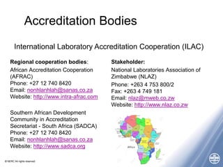 © NERC All rights reserved
Accreditation Bodies
Regional cooperation bodies:
African Accreditation Cooperation
(AFRAC)
Phone: +27 12 740 8420
Email: nonhlanhlah@sanas.co.za
Website: http://www.intra-afrac.com
Southern African Development
Community in Accreditation
Secretariat - South Africa (SADCA)
Phone: +27 12 740 8420
Email: nonhlanhlah@sanas.co.za
Website: http://www.sadca.org
Stakeholder:
National Laboratories Association of
Zimbabwe (NLAZ)
Phone: +263 4 753 800/2
Fax: +263 4 749 181
Email: nlaz@mweb.co.zw
Website: http://www.nlaz.co.zw
International Laboratory Accreditation Cooperation (ILAC)
 