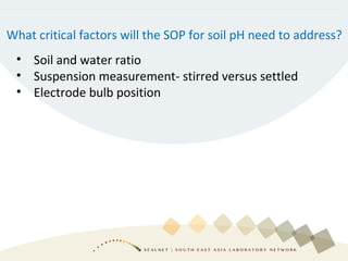 What critical factors will the SOP for soil pH need to address?
• Soil and water ratio
• Suspension measurement- stirred versus settled
• Electrode bulb position
 