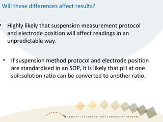 Will these differences affect results?
• Highly likely that suspension measurement protocol
and electrode position will affect readings in an
unpredictable way.
• If suspension method protocol and electrode position
are standardised in an SOP, it is likely that pH at one
soil:solution ratio can be converted to another ratio.
 