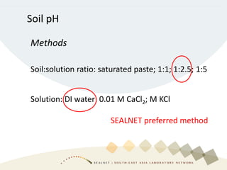 Soil pH
Soil:solution ratio: saturated paste; 1:1; 1:2.5; 1:5
Solution: DI water; 0.01 M CaCl2; M KCl
Methods
SEALNET preferred method
 