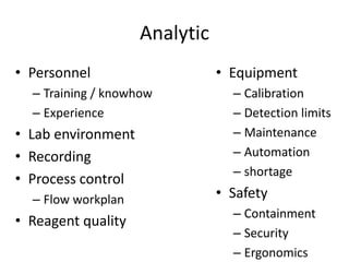 Analytic
• Personnel
– Training / knowhow
– Experience
• Lab environment
• Recording
• Process control
– Flow workplan
• Reagent quality
• Equipment
– Calibration
– Detection limits
– Maintenance
– Automation
– shortage
• Safety
– Containment
– Security
– Ergonomics
 
