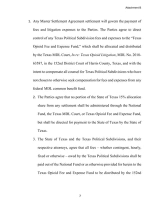 7
1. Any Master Settlement Agreement settlement will govern the payment of
fees and litigation expenses to the Parties. The Parties agree to direct
control of any Texas Political Subdivision fees and expenses to the “Texas
Opioid Fee and Expense Fund,” which shall be allocated and distributed
by the Texas MDL Court, In re: Texas Opioid Litigation, MDL No. 2018-
63587, in the 152nd District Court of Harris County, Texas, and with the
intent to compensate all counsel for Texas Political Subdivisions who have
not chosen to otherwise seek compensation for fees and expenses from any
federal MDL common benefit fund.
2. The Parties agree that no portion of the State of Texas 15% allocation
share from any settlement shall be administered through the National
Fund, the Texas MDL Court, or Texas Opioid Fee and Expense Fund,
but shall be directed for payment to the State of Texas by the State of
Texas.
3. The State of Texas and the Texas Political Subdivisions, and their
respective attorneys, agree that all fees – whether contingent, hourly,
fixed or otherwise – owed by the Texas Political Subdivisions shall be
paid out of the National Fund or as otherwise provided for herein to the
Texas Opioid Fee and Expense Fund to be distributed by the 152nd
Attachment B
 