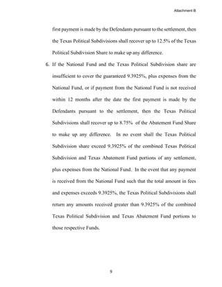 9
first payment is made by the Defendants pursuant to the settlement, then
the Texas Political Subdivisions shall recover up to 12.5% of the Texas
Political Subdivision Share to make up any difference.
6. If the National Fund and the Texas Political Subdivision share are
insufficient to cover the guaranteed 9.3925%, plus expenses from the
National Fund, or if payment from the National Fund is not received
within 12 months after the date the first payment is made by the
Defendants pursuant to the settlement, then the Texas Political
Subdivisions shall recover up to 8.75% of the Abatement Fund Share
to make up any difference. In no event shall the Texas Political
Subdivision share exceed 9.3925% of the combined Texas Political
Subdivision and Texas Abatement Fund portions of any settlement,
plus expenses from the National Fund. In the event that any payment
is received from the National Fund such that the total amount in fees
and expenses exceeds 9.3925%, the Texas Political Subdivisions shall
return any amounts received greater than 9.3925% of the combined
Texas Political Subdivision and Texas Abatement Fund portions to
those respective Funds.
Attachment B
 