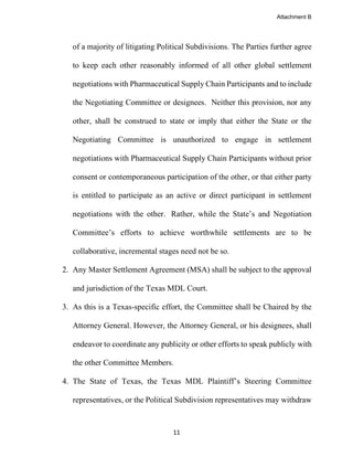 11
of a majority of litigating Political Subdivisions. The Parties further agree
to keep each other reasonably informed of all other global settlement
negotiations with Pharmaceutical Supply Chain Participants and to include
the Negotiating Committee or designees. Neither this provision, nor any
other, shall be construed to state or imply that either the State or the
Negotiating Committee is unauthorized to engage in settlement
negotiations with Pharmaceutical Supply Chain Participants without prior
consent or contemporaneous participation of the other, or that either party
is entitled to participate as an active or direct participant in settlement
negotiations with the other. Rather, while the State’s and Negotiation
Committee’s efforts to achieve worthwhile settlements are to be
collaborative, incremental stages need not be so.
2. Any Master Settlement Agreement (MSA) shall be subject to the approval
and jurisdiction of the Texas MDL Court.
3. As this is a Texas-specific effort, the Committee shall be Chaired by the
Attorney General. However, the Attorney General, or his designees, shall
endeavor to coordinate any publicity or other efforts to speak publicly with
the other Committee Members.
4. The State of Texas, the Texas MDL Plaintiff’s Steering Committee
representatives, or the Political Subdivision representatives may withdraw
Attachment B
 