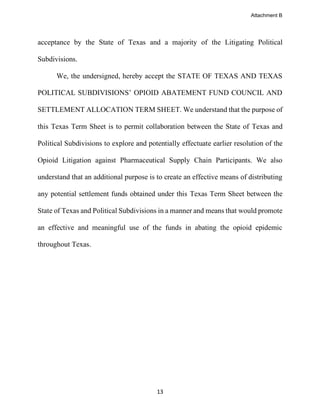 13
acceptance by the State of Texas and a majority of the Litigating Political
Subdivisions.
We, the undersigned, hereby accept the STATE OF TEXAS AND TEXAS
POLITICAL SUBDIVISIONS’ OPIOID ABATEMENT FUND COUNCIL AND
SETTLEMENT ALLOCATION TERM SHEET. We understand that the purpose of
this Texas Term Sheet is to permit collaboration between the State of Texas and
Political Subdivisions to explore and potentially effectuate earlier resolution of the
Opioid Litigation against Pharmaceutical Supply Chain Participants. We also
understand that an additional purpose is to create an effective means of distributing
any potential settlement funds obtained under this Texas Term Sheet between the
State of Texas and Political Subdivisions in a manner and means that would promote
an effective and meaningful use of the funds in abating the opioid epidemic
throughout Texas.
Attachment B
 
