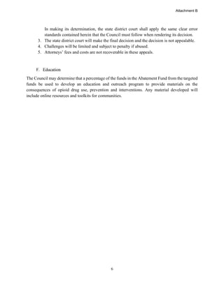 6
In making its determination, the state district court shall apply the same clear error
standards contained herein that the Council must follow when rendering its decision.
3. The state district court will make the final decision and the decision is not appealable.
4. Challenges will be limited and subject to penalty if abused.
5. Attorneys’ fees and costs are not recoverable in these appeals.
F. Education
The Council may determine that a percentage of the funds in the Abatement Fund from the targeted
funds be used to develop an education and outreach program to provide materials on the
consequences of opioid drug use, prevention and interventions. Any material developed will
include online resources and toolkits for communities.
Attachment B
 