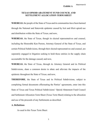 1
TEXAS OPIOID ABATEMENT FUND COUNCIL AND
SETTLEMENT ALLOCATION TERM SHEET
WHEREAS, the people of the State of Texas and its communities have been harmed
through the National and Statewide epidemic caused by licit and illicit opioid use
and distribution within the State of Texas; and now,
WHEREAS, the State of Texas, though its elected representatives and counsel,
including the Honorable Ken Paxton, Attorney General of the State of Texas, and
certain Political Subdivisions, through their elected representatives and counsel, are
separately engaged in litigation seeking to hold those entities in the supply chain
accountable for the damage caused; and now,
WHEREAS, the State of Texas, through its Attorney General and its Political
Subdivisions, share a common desire to abate and alleviate the impacts of the
epidemic throughout the State of Texas; and now,
THEREFORE, the State of Texas and its Political Subdivisions, subject to
completing formal documents effectuating the Parties’ agreements, enter into this
State of Texas and Texas Political Subdivisions’ Opioid Abatement Fund Council
and Settlement Allocation Term Sheet (Texas Term Sheet) relating to the allocation
and use of the proceeds of any Settlements as described.
A. Definitions
As used in this Texas Term Sheet:
Exhibit A
Attachment B
 