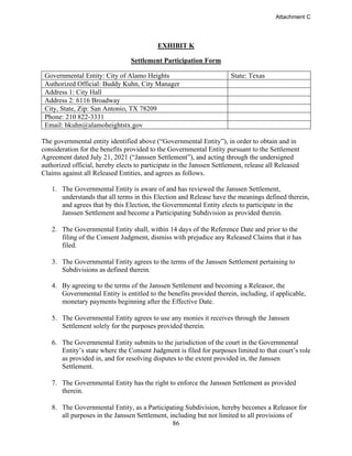 86
EXHIBIT K
Settlement Participation Form
Governmental Entity: City of Alamo Heights State: Texas
Authorized Official: Buddy Kuhn, City Manager
Address 1: City Hall
Address 2: 6116 Broadway
City, State, Zip: San Antonio, TX 78209
Phone: 210 822-3331
Email: bkuhn@alamoheightstx.gov
The governmental entity identified above (“Governmental Entity”), in order to obtain and in
consideration for the benefits provided to the Governmental Entity pursuant to the Settlement
Agreement dated July 21, 2021 (“Janssen Settlement”), and acting through the undersigned
authorized official, hereby elects to participate in the Janssen Settlement, release all Released
Claims against all Released Entities, and agrees as follows.
1. The Governmental Entity is aware of and has reviewed the Janssen Settlement,
understands that all terms in this Election and Release have the meanings defined therein,
and agrees that by this Election, the Governmental Entity elects to participate in the
Janssen Settlement and become a Participating Subdivision as provided therein.
2. The Governmental Entity shall, within 14 days of the Reference Date and prior to the
filing of the Consent Judgment, dismiss with prejudice any Released Claims that it has
filed.
3. The Governmental Entity agrees to the terms of the Janssen Settlement pertaining to
Subdivisions as defined therein.
4. By agreeing to the terms of the Janssen Settlement and becoming a Releasor, the
Governmental Entity is entitled to the benefits provided therein, including, if applicable,
monetary payments beginning after the Effective Date.
5. The Governmental Entity agrees to use any monies it receives through the Janssen
Settlement solely for the purposes provided therein.
6. The Governmental Entity submits to the jurisdiction of the court in the Governmental
Entity’s state where the Consent Judgment is filed for purposes limited to that court’s role
as provided in, and for resolving disputes to the extent provided in, the Janssen
Settlement.
7. The Governmental Entity has the right to enforce the Janssen Settlement as provided
therein.
8. The Governmental Entity, as a Participating Subdivision, hereby becomes a Releasor for
all purposes in the Janssen Settlement, including but not limited to all provisions of
Attachment C
 