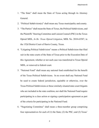 2
1. “The State” shall mean the State of Texas acting through its Attorney
General.
2. “Political Subdivision(s)” shall mean any Texas municipality and county.
3. “The Parties” shall mean the State of Texas, the Political Subdivisions, and
the Plaintiffs’ Steering Committee and Liaison Counsel (PSC) in the Texas
Opioid MDL, In Re: Texas Opioid Litigation, MDL No. 2018-63587, in
the 152d District Court of Harris County, Texas.
4. “Litigating Political Subdivision” means a Political Subdivision that filed
suit in the state courts of the State of Texas prior to the Execution Date of
this Agreement, whether or not such case was transferred to Texas Opioid
MDL, or removed to federal court.
5. “National Fund” shall mean any national fund established for the benefit
of the Texas Political Subdivisions. In no event shall any National Fund
be used to create federal jurisdiction, equitable or otherwise, over the
Texas Political Subdivisions or those similarly situated state-court litigants
who are included in the state coalition, nor shall the National Fund require
participating in a class action or signing a participation agreement as part
of the criteria for participating in the National Fund.
6. “Negotiating Committee” shall mean a three-member group comprising
four representatives for each of (1) the State; (2) the PSC; and (3) Texas’
Attachment B
 