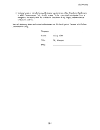 K-3
11. Nothing herein is intended to modify in any way the terms of the Distributor Settlement,
to which Governmental Entity hereby agrees. To the extent this Participation Form is
interpreted differently from the Distributor Settlement in any respect, the Distributor
Settlement controls.
I have all necessary power and authorization to execute this Participation Form on behalf of the
Governmental Entity.
Signature:
Name:
Title:
Date:
_____________________________
Buddy Kuhn
City Manager
_____________________________
Attachment D
 