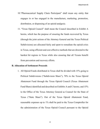 4
10.“Pharmaceutical Supply Chain Participant” shall mean any entity that
engages in or has engaged in the manufacture, marketing, promotion,
distribution, or dispensing of an opioid analgesic.
11. “Texas Opioid Council” shall mean the Council described in Exhibit A
hereto, which has the purpose of ensuring the funds recovered by Texas
(through the joint actions of the Attorney General and the Texas Political
Subdivisions) are allocated fairly and spent to remediate the opioid crisis
in Texas, using efficient and cost-effective methods that are directed to the
hardest hit regions in Texas while also ensuring that all Texans benefit
from prevention and recovery efforts.
B. Allocation of Settlement Proceeds
1. All Opioid Funds distributed in Texas shall be divided with 15% going to
Political Subdivisions (“Subdivision Share”), 70% to the Texas Opioid
Abatement Fund through the Texas Opioid Council (Texas Abatement
Fund Share) identified and described on Exhibits A and C hereto, and 15%
to the Office of the Texas Attorney General as Counsel for the State of
Texas (“State Share”). Out of the Texas Opioid Abatement Fund,
reasonable expenses up to 1% shall be paid to the Texas Comptroller for
the administration of the Texas Opioid Council pursuant to the Opioid
Attachment B
 
