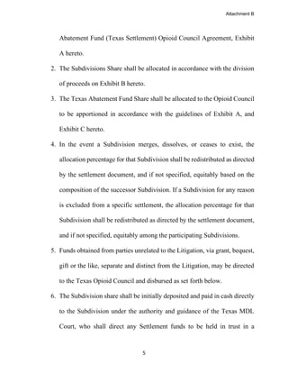 5
Abatement Fund (Texas Settlement) Opioid Council Agreement, Exhibit
A hereto.
2. The Subdivisions Share shall be allocated in accordance with the division
of proceeds on Exhibit B hereto.
3. The Texas Abatement Fund Share shall be allocated to the Opioid Council
to be apportioned in accordance with the guidelines of Exhibit A, and
Exhibit C hereto.
4. In the event a Subdivision merges, dissolves, or ceases to exist, the
allocation percentage for that Subdivision shall be redistributed as directed
by the settlement document, and if not specified, equitably based on the
composition of the successor Subdivision. If a Subdivision for any reason
is excluded from a specific settlement, the allocation percentage for that
Subdivision shall be redistributed as directed by the settlement document,
and if not specified, equitably among the participating Subdivisions.
5. Funds obtained from parties unrelated to the Litigation, via grant, bequest,
gift or the like, separate and distinct from the Litigation, may be directed
to the Texas Opioid Council and disbursed as set forth below.
6. The Subdivision share shall be initially deposited and paid in cash directly
to the Subdivision under the authority and guidance of the Texas MDL
Court, who shall direct any Settlement funds to be held in trust in a
Attachment B
 
