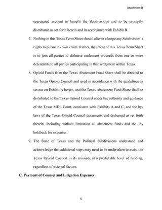 6
segregated account to benefit the Subdivisions and to be promptly
distributed as set forth herein and in accordance with Exhibit B.
7. Nothing in this Texas Term Sheet should alter or change any Subdivision’s
rights to pursue its own claim. Rather, the intent of this Texas Term Sheet
is to join all parties to disburse settlement proceeds from one or more
defendants to all parties participating in that settlement within Texas.
8. Opioid Funds from the Texas Abatement Fund Share shall be directed to
the Texas Opioid Council and used in accordance with the guidelines as
set out on Exhibit A hereto, and the Texas Abatement Fund Share shall be
distributed to the Texas Opioid Council under the authority and guidance
of the Texas MDL Court, consistent with Exhibits A and C, and the by-
laws of the Texas Opioid Council documents and disbursed as set forth
therein, including without limitation all abatement funds and the 1%
holdback for expenses.
9. The State of Texas and the Political Subdivisions understand and
acknowledge that additional steps may need to be undertaken to assist the
Texas Opioid Council in its mission, at a predictable level of funding,
regardless of external factors.
C. Payment of Counsel and Litigation Expenses
Attachment B
 