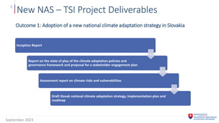 New NAS – TSI Project Deliverables
5
Inception Report
Report on the state of play of the climate adaptation policies and
governance framework and proposal for a stakeholder engagement plan
Assessment report on climate risks and vulnerabilities
Draft Slovak national climate adaptation strategy, implementation plan and
roadmap
Outcome 1: Adoption of a new national climate adaptation strategy in Slovakia
September 2023
 