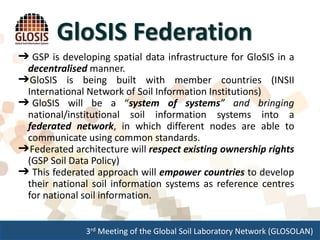 3rd Meeting of the Global Soil Laboratory Network (GLOSOLAN)
GloSIS Federation
➔ GSP is developing spatial data infrastructure for GloSIS in a
decentralised manner.
➔GloSIS is being built with member countries (INSII
International Network of Soil Information Institutions)
➔ GloSIS will be a “system of systems” and bringing
national/institutional soil information systems into a
federated network, in which different nodes are able to
communicate using common standards.
➔Federated architecture will respect existing ownership rights
(GSP Soil Data Policy)
➔ This federated approach will empower countries to develop
their national soil information systems as reference centres
for national soil information.
 