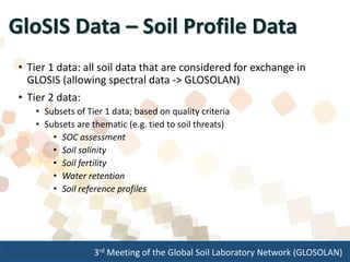 3rd Meeting of the Global Soil Laboratory Network (GLOSOLAN)
GloSIS Data – Soil Profile Data
• Tier 1 data: all soil data that are considered for exchange in
GLOSIS (allowing spectral data -> GLOSOLAN)
• Tier 2 data:
• Subsets of Tier 1 data; based on quality criteria
• Subsets are thematic (e.g. tied to soil threats)
• SOC assessment
• Soil salinity
• Soil fertility
• Water retention
• Soil reference profiles
 