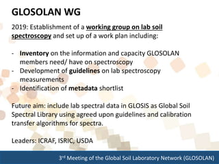 3rd Meeting of the Global Soil Laboratory Network (GLOSOLAN)
2019: Establishment of a working group on lab soil
spectroscopy and set up of a work plan including:
- Inventory on the information and capacity GLOSOLAN
members need/ have on spectroscopy
- Development of guidelines on lab spectroscopy
measurements
- Identification of metadata shortlist
Future aim: include lab spectral data in GLOSIS as Global Soil
Spectral Library using agreed upon guidelines and calibration
transfer algorithms for spectra.
Leaders: ICRAF, ISRIC, USDA
GLOSOLAN WG
 