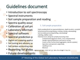 3rd Meeting of the Global Soil Laboratory Network (GLOSOLAN)
Guidelines document
• Introduction to soil spectroscopy
• Spectral instruments
• Soil sample preparation and reading
• Spectra quality assurance and control
• Calibration of soil properties
• Laboratory information systems
• Spectral software
• Spectral prediction performance
• Digital soil mapping application
• Soil testing and advisory services application
• Soil carbon accounting example application
• Reporting for global spectral library development
• Future developments
 