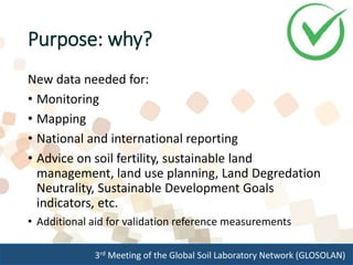 3rd Meeting of the Global Soil Laboratory Network (GLOSOLAN)
Purpose: why?
New data needed for:
• Monitoring
• Mapping
• National and international reporting
• Advice on soil fertility, sustainable land
management, land use planning, Land Degredation
Neutrality, Sustainable Development Goals
indicators, etc.
• Additional aid for validation reference measurements
 
