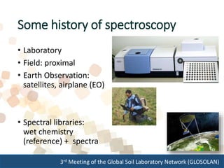 3rd Meeting of the Global Soil Laboratory Network (GLOSOLAN)
Some history of spectroscopy
• Laboratory
• Field: proximal
• Earth Observation:
satellites, airplane (EO)
• Spectral libraries:
wet chemistry
(reference) + spectra
 