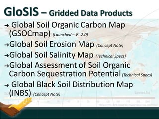 GloSIS – Gridded Data Products
➔ Global Soil Organic Carbon Map
(GSOCmap) (Launched – V1.2.0)
➔Global Soil Erosion Map (Concept Note)
➔Global Soil Salinity Map (Technical Specs)
➔Global Assessment of Soil Organic
Carbon Sequestration Potential(Technical Specs)
➔ Global Black Soil Distribution Map
(INBS) (Concept Note)
 