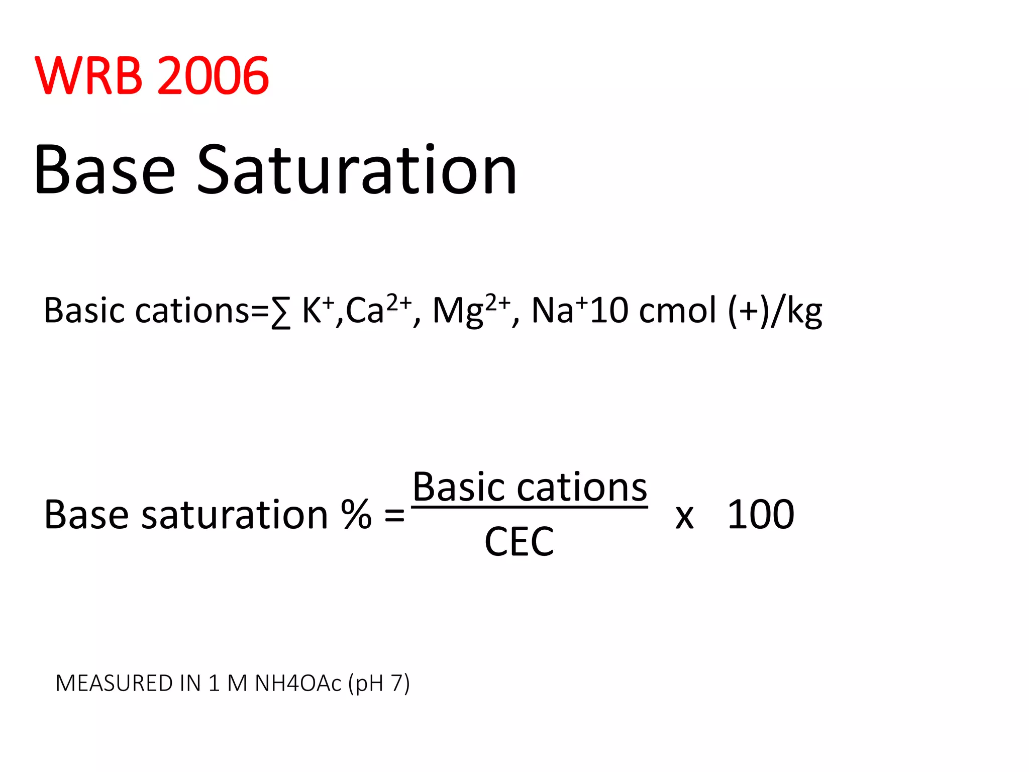 Base Saturation
Basic cations=∑ K+,Ca2+, Mg2+, Na+10 cmol (+)/kg
Basic cations
CEC
Base saturation % = x 100
MEASURED IN 1 M NH4OAc (pH 7)
WRB 2006
 