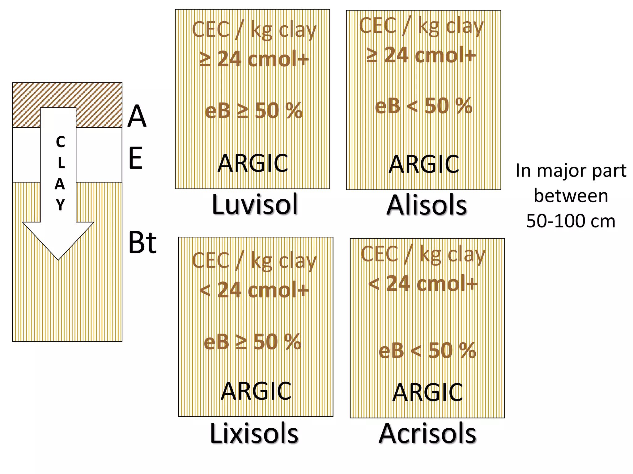 A
E
Bt
C
L
A
Y
ARGIC ARGIC
ARGIC ARGIC
CEC / kg clay
≥ 24 cmol+
CEC / kg clay
≥ 24 cmol+
CEC / kg clay
< 24 cmol+
CEC / kg clay
< 24 cmol+
eB ≥ 50 %
eB ≥ 50 %
eB < 50 %
eB < 50 %
Luvisol Alisols
Lixisols Acrisols
In major part
between
50-100 cm
 