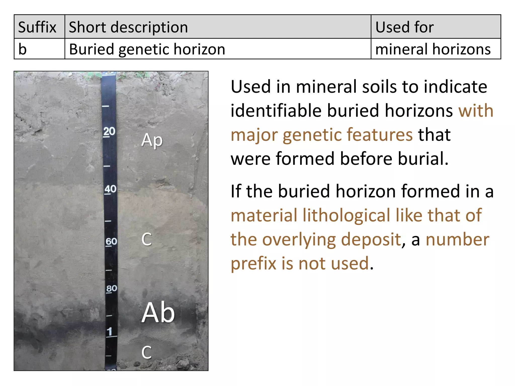 Suffix Short description Used for
b Buried genetic horizon mineral horizons
Ap
C
Ab
C
Used in mineral soils to indicate
identifiable buried horizons with
major genetic features that
were formed before burial.
If the buried horizon formed in a
material lithological like that of
the overlying deposit, a number
prefix is not used.
 