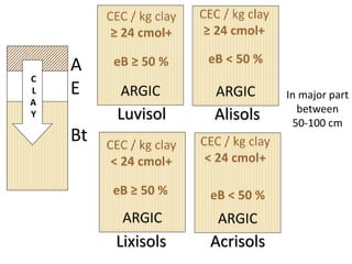 A
E
Bt
C
L
A
Y
ARGIC ARGIC
ARGIC ARGIC
CEC / kg clay
≥ 24 cmol+
CEC / kg clay
≥ 24 cmol+
CEC / kg clay
< 24 cmol+
CEC / kg...