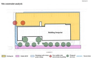 KATHERINE CT
Parking lot Public ROW
Retaining wall w/steep
grade change
Tree conflict with
storm drain & parking
Proposed
site trees
Storm drain
Site constraint analysis
Building footprint
Attachment A
 