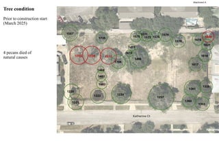 Tree condition
Prior to construction start
(March 2025)
4 pecans died of
natural causes 1753 1738 1511
1557
1735
1257
1224
1222
1220
1221
1706
1466
1361
1617
1618
1326
1363
1621
1620
1619
1579
1576
1575
1572
1571
1570
1362
1483
1482
1484
1472
1471
Katherine Ct
Attachment A
 