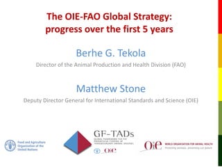 The OIE-FAO Global Strategy:
progress over the first 5 years
Berhe G. Tekola
Director of the Animal Production and Health Division (FAO)
Matthew Stone
Deputy Director General for International Standards and Science (OIE)
 