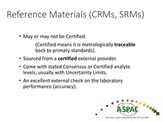 Reference Materials (CRMs, SRMs)
• May or may not be Certified.
(Certified means it is metrologically traceable
back to primary standards).
• Sourced from a certified external provider.
• Come with stated Consensus or Certified analyte
levels, usually with Uncertainty Limits.
• An excellent external check on the laboratory
performance (accuracy).
 