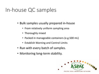 In-house QC samples
• Bulk samples usually prepared in-house
• From relatively uniform sampling area
• Thoroughly mixed
• Packed in manageable containers (e.g.500 mL)
• Establish Warning and Control Limits
• Run with every batch of samples.
• Monitoring long-term stability.
 