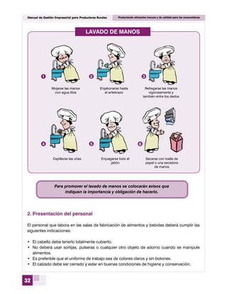 32
Manual de Gestión Empresarial para Productores Rurales Produciendo alimentos inocuos y de calidad para los consumidores
2.	Presentación del personal
El personal que labora en las salas de fabricación de alimentos y bebidas deberá cumplir las
siguientes indicaciones:
•	 El cabello debe tenerlo totalmente cubierto.
•	 No deberá usar sortijas, pulseras o cualquier otro objeto de adorno cuando se manipule
alimentos.
•	 Es preferible que el uniforme de trabajo sea de colores claros y sin botones.
•	 El calzado debe ser cerrado y estar en buenas condiciones de higiene y conservación.
Lavado de manos
Mojarse las manos
con agua tibia
Cepillarse las uñas
Enjabonarse hasta
el antebrazo
Enjuagarse todo el
jabón
Refregarse las manos
vigorosamente y
también entre los dedos
Secarse con toalla de
papel o una secadora
de manos
1 2 3
4 5 6
Para promover el lavado de manos se colocarán avisos que
indiquen la importancia y obligación de hacerlo.
 