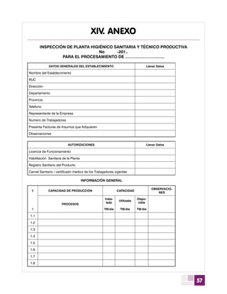 57
XIV. ANEXO
INSPECCIÓN DE PLANTA HIGIÉNICO SANITARIA Y TÉCNICO PRODUCTIVA
No -201..
PARA EL PROCESAMIENTO DE ………………………..
DATOS GENERALES DEL ESTABLECIMIENTO Llenar Datos
Nombre del Establecimiento
RUC
Dirección
Departamento
Provincia
Telefono
Representante de la Empresa
Numero de Trabajadores
Presenta Facturas de Insumos que Adquieren
Observaciones
AUTORIZACIONES Llenar Datos
Licencia de Funcionamiento
Habilitación Sanitaria de la Planta
Registro Sanitario del Producto
Carnet Sanitario / certificado medico de los Trabajadores vigentes
INFORMACIÓN GENERAL
I CAPACIDAD DE PRODUCCIÓN CAPACIDAD
OBSERVACIO-
NES
PROCESOS
Insta-
lada
Utilizada
Dispo-
nible
1 TM/día TM/día TM/día
1.1
1.2
1.3
1.4
1.5
1.6
1.7
1.8
 
