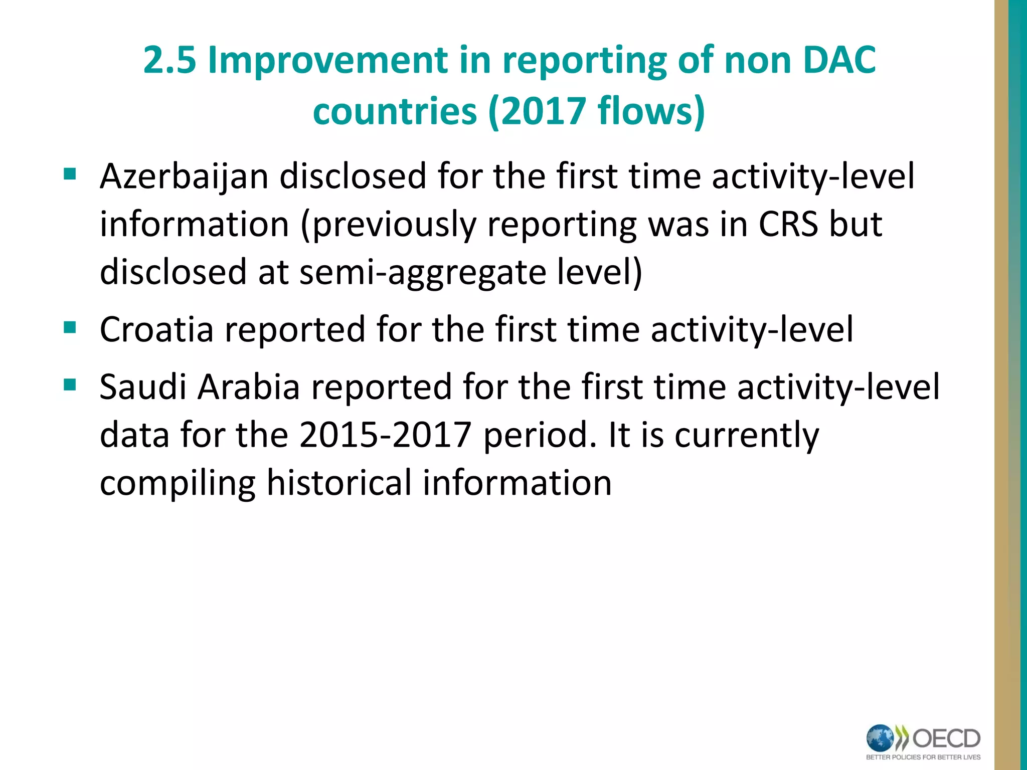  Azerbaijan disclosed for the first time activity-level
information (previously reporting was in CRS but
disclosed at semi-aggregate level)
 Croatia reported for the first time activity-level
 Saudi Arabia reported for the first time activity-level
data for the 2015-2017 period. It is currently
compiling historical information
2.5 Improvement in reporting of non DAC
countries (2017 flows)
 