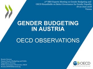 GENDER BUDGETING
IN AUSTRIA
OECD OBSERVATIONS
Ronnie Downes
Deputy Head of Budgeting and Public
Expenditure Division
Public Governance Directorate, OECD
Ronnie.DOWNES@oecd.org
2nd SBO Experts Meeting on Gender Budgeting and
OECD Roundtable on Better Governance for Gender Equality
18-20 June 2018
Vienna
 
