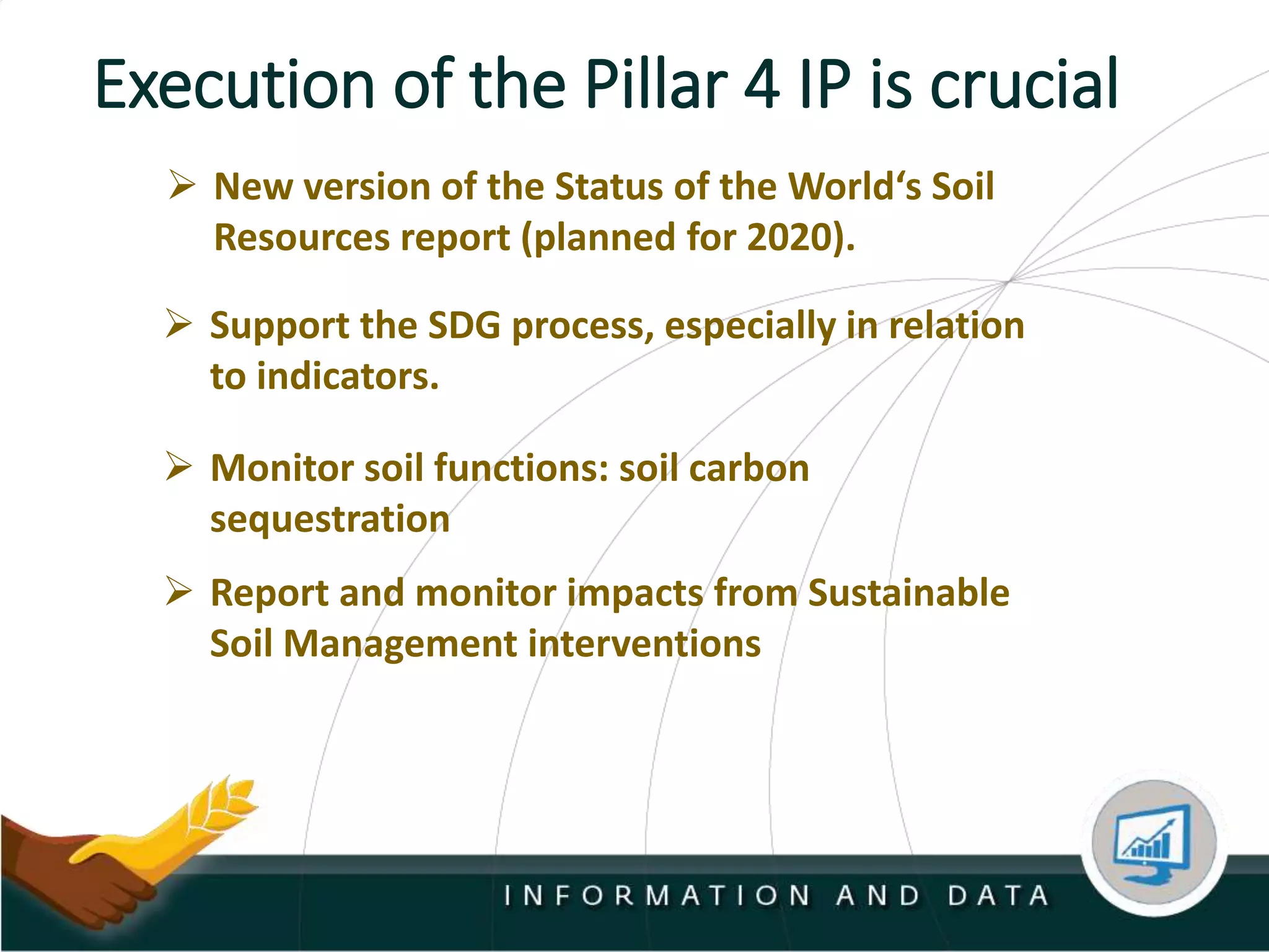 Execution of the Pillar 4 IP is crucial
 New version of the Status of the World‘s Soil
Resources report (planned for 2020).
 Report and monitor impacts from Sustainable
Soil Management interventions
 Support the SDG process, especially in relation
to indicators.
 Monitor soil functions: soil carbon
sequestration
 