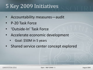 5 Key 2009 Initiatives Accountability measures—audit P-20 Task Force ‘Outside-In’ Task Force Accelerate economic development Goal: $50M in 5 years  Shared service center concept explored  
