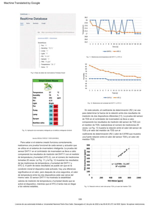 Para saber si el sistema creado funciona correctamente,
realizamos una prueba funcional de cada sensor y actuador que
se utiliza en el sistema de invernadero inteligente. La prueba del
sensor DHT11 en el controlador de invernadero se lleva a cabo
comparando los resultados de medición del DHT11 con el medidor
de temperatura y humedad (HTC-2), con el número de mediciones
tomadas 20 veces. La Fig. 11 y la Fig. 12 muestran los resultados
de las mediciones de temperatura y humedad del DHT11 y
HTC-2. A partir de estos resultados se puede ver que en la
condición inicial el dispositivo está activado, hay una diferencia
significativa en el valor, pero después de unos segundos, el valor
de temperatura entre los dos dispositivos está casi cerca del
mismo valor. El sensor DHT11 ha mostrado la estabilidad
En este estudio, el coeficiente de determinación (R2 ) se usa
para determinar la fuerza de la relación entre dos resultados de
medición de dos dispositivos diferentes [11]. La prueba del sensor
de TDS en el controlador de invernadero se lleva a cabo
comparando los resultados de medición del sensor de TDS con
el medidor de TDS, realizándose el número de mediciones 20
veces. La Fig. 13 muestra la relación entre el valor del sensor de
TDS y el valor del medidor de TDS con el
valores de medición de temperatura y humedad desde que se
activó el dispositivo, mientras que el HTC-2 tarda más en llegar
a los valores estables.
coeficiente de determinación (R2 ) valor de 0,9769 que muestra
una fuerte relación entre el valor del sensor TDS y el valor del
medidor TDS.
Licencia de uso autorizada limitada a: Universidad Nacional Pedro Ruiz Gallo. Descargado el 3 de julio de 2022 a las 06:45:30 UTC de IEEE Xplore. Se aplican restricciones.
Fig. 9. Base de datos de invernaderos Firebase Smart
tercero RESULTADOS Y DISCUSIONES
Fig. 10. Aplicación de invernadero inteligente en el teléfono inteligente Android
Fig. 12. Mediciones de humedad del DHT11 y HTC-2
Fig. 11. Mediciones de temperatura del DHT11 y HTC-2
Fig. 13. Relación entre el valor del sensor TDS y el valor del medidor TDS
338
Machine Translated by Google
 