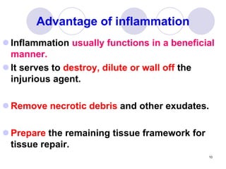 Advantage of inflammation
 Inflammation usually functions in a beneficial
manner.
 It serves to destroy, dilute or wall off the
injurious agent.
 Remove necrotic debris and other exudates.
 Prepare the remaining tissue framework for
tissue repair.
10
 