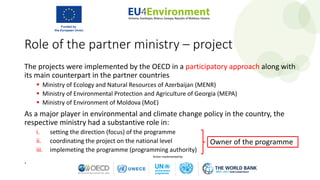 Role of the partner ministry – project
The projects were implemented by the OECD in a participatory approach along with
its main counterpart in the partner countries
 Ministry of Ecology and Natural Resources of Azerbaijan (MENR)
 Ministry of Environmental Protection and Agriculture of Georgia (MEPA)
 Ministry of Environment of Moldova (MoE)
As a major player in environmental and climate change policy in the country, the
respective ministry had a substantive role in:
i. setting the direction (focus) of the programme
ii. coordinating the project on the national level
iii. implemeting the programme (programming authority)
.
Owner of the programme
 