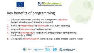 1. Enhanced investment planning and management capacities
(budget allocations and financing proposals)
2. Increased effectiveness and efficiency of local public spending
3. Increased transparency of decision-making
4. Improved sustainability of investments through longer-term planning
timeframe (e.g. MTEF)
5. Strengthened communication channels (esp. in case of cross-sectoral focus)
Key benefits of programming
 