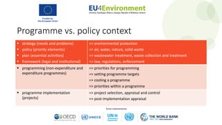  strategy (needs and problems)
 policy (priority elements)
 plan (essential activities)
 framework (legal and institutional)
=> environmental protection
=> air, water, nature, solid waste
=> wastewater treatment, waste collection and treatment
=> law, regulations, enforcement
 programming (non-expenditure and
expenditure programmes)
=> priorities for programming
=> setting programme targets
=> costing a programme
=> priorities within a programme
 programme implementation
(projects)
=> project selection, appraisal and control
=> post-implementation appraisal
Programme vs. policy context
 