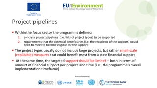 Project pipelines
 Within the focus sector, the programme defines:
1. concrete project pipelines (i.e. lists of project types) to be supported
2. requirements that the potential beneficiaries (i.e. the recipients of the support) would
need to meet to become eligible for the support
 The project types usually do not include large projects, but rather small-scale
(replicable) measures that could benefit most from a state financial support
 At the same time, the targeted support should be limited – both in terms of
amount of financial support per project, and time (i.e., the programme’s overall
implementation timeframe)
 