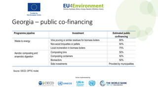 Georgia – public co-financing
Source: OECD, OPTIC model.
Programme pipeline Investment Estimated public
co-financing
Waste to energy Vine pruning or similar residues for biomass boilers 80%
Non-wood briquettes or pellets 50%
Local incineration in biomass boilers 75%
Aerobic composting and
anaerobic digestion
Composting bins 50%
Composting containers 50%
Bioreactors 50%
Side investments Provided by municipalities
 