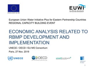 1
ECONOMIC ANALYSIS RELATED TO
RBMP DEVELOPMENT AND
IMPLEMENTATION
UNECE / OECD / EU MS Consortium
Paris, 27 Nov. 2019
European Union Water Initiative Plus for Eastern Partnership Countries
REGIONAL CAPACITY BUILDING EVENT
 