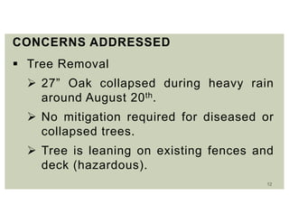 12
CONCERNS ADDRESSED
 Tree Removal
 27” Oak collapsed during heavy rain
around August 20th.
 No mitigation required for diseased or
collapsed trees.
 Tree is leaning on existing fences and
deck (hazardous).
 
